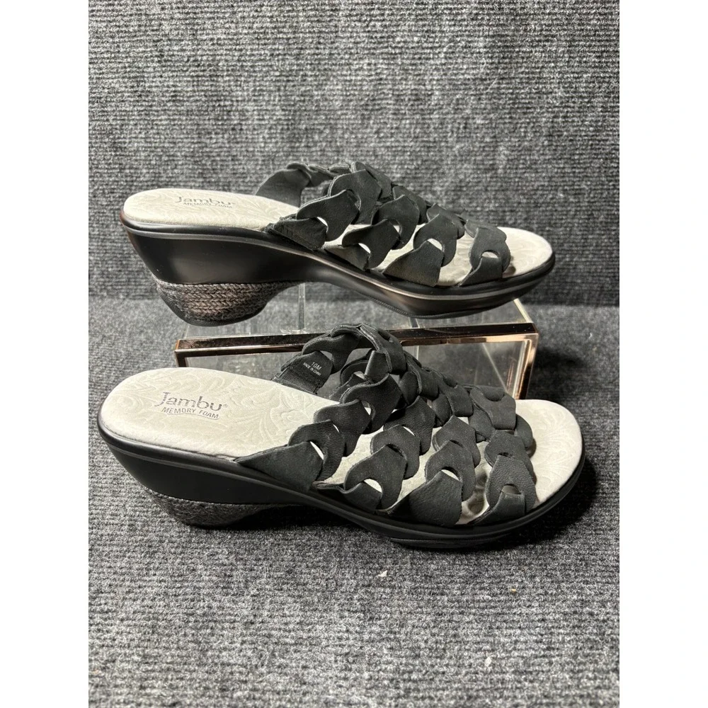 Jambu Romance Black Leather Laser Cut Wedge Slide Sandals Womens 10M Memory Foam